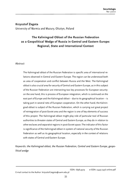 The Kaliningrad Oblast of the Russian Federation As a Geopolitical Wedge of Russia in Central and Eastern Europe: Regional, State and International Context