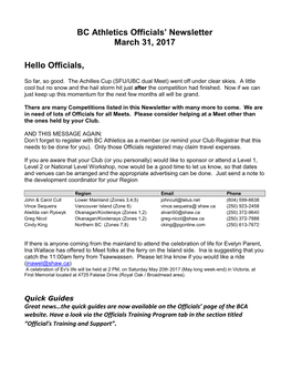 BC Athletics Officials' Newsletter March 31, 2017 Hello Officials