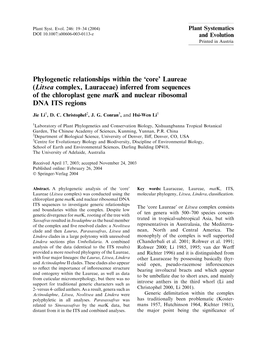 Litsea Complex, Lauraceae) Inferred from Sequences of the Chloroplast Gene Matk and Nuclear Ribosomal DNA ITS Regions