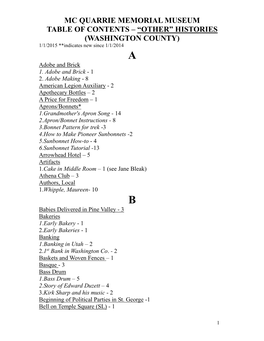 TABLE of CONTENTS – “OTHER” HISTORIES (WASHINGTON COUNTY) 1/1/2015 **Indicates New Since 1/1/2014 a Adobe and Brick 1