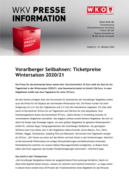 Vorarlberger Seilbahnen: Ticketpreise Wintersaison 2020/21