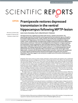 Pramipexole Restores Depressed Transmission in the Ventral Hippocampus Following MPTP-Lesion Received: 21 October 2016 Javier Castro-Hernández, Paul A