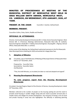 Minutes of Proceedings at Meeting of the Municipal District of Newcastle West Held in Áras William Smith Obrien, Newcastle West, Co