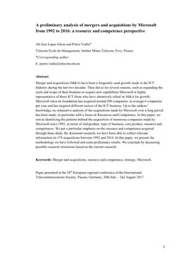 A Preliminary Analysis of Mergers and Acquisitions by Microsoft from 1992 to 2016: a Resource and Competence Perspective