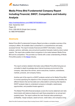 Media Prima Bhd Fundamental Company Report Including