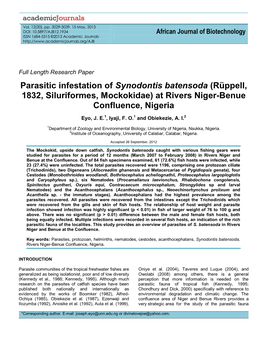 Parasitic Infection of Synodontis Batensoda (Rüppell