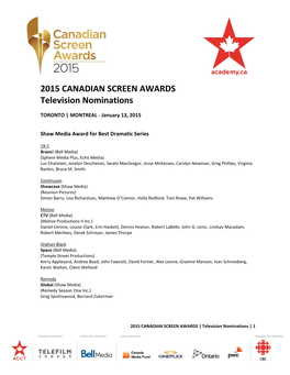 2015 CANADIAN SCREEN AWARDS Television Nominations