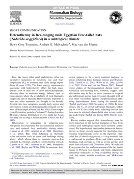 Heterothermy in Free-Ranging Male Egyptian Free-Tailed Bats (Tadarida Aegyptiaca) in a Subtropical Climate Dawn Cory Toussaint, Andrew E