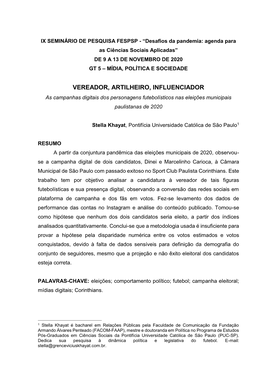 VEREADOR, ARTILHEIRO, INFLUENCIADOR As Campanhas Digitais Dos Personagens Futebolísticos Nas Eleições Municipais Paulistanas De 2020