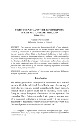 SOVIET PASSPORTS and THEIR IMPLEMENTATION in EAST and SOUTHEAST LITHUANIA (1944–1989) Vitalija Stravinskienė (Lithuanian Institute of History)