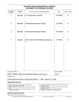 President Richard Nixon's Daily Diary, March 1-15, 1969