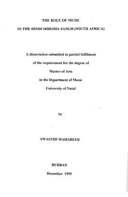 THE ROLE of MUSIC in the HINDI Sillksha SANGH (SOUTH AFRICA