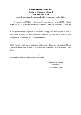 POSTANOWIENIE NR 193/2019 Komisarza Wyborczego W Łodzi II Z Dnia 30 Kwietnia 2019 R