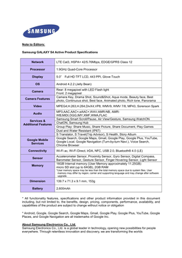 Samsung GALAXY S4 Active Product Specifications Network LTE Cat3