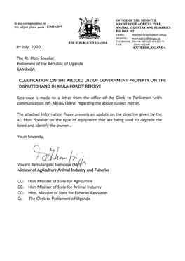 Reference Is Made to a Letter from the Office of the Clerk to Parliament with Communication Ref: AB186/189/0L Regarding the Above Subject Matter