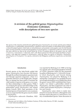 A Revision of the Gobiid Genus Stigmatogobius (Teleostei: Gobiidae), with Descriptions of Two New Species