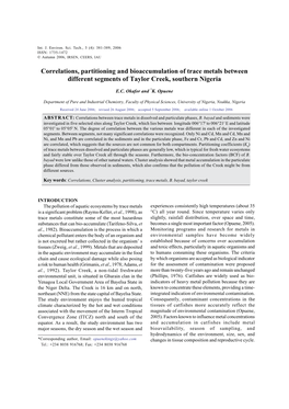 Correlations, Partitioning and Bioaccumulation of Trace Metals Between Different Segments of Taylor Creek, Southern Nigeria