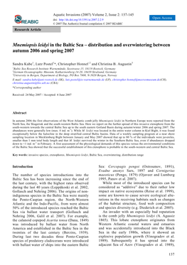 Mnemiopsis Leidyi in the Baltic Sea – Distribution and Overwintering Between Autumn 2006 and Spring 2007
