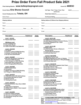 Prize Order Form Fall Product Sale 2021