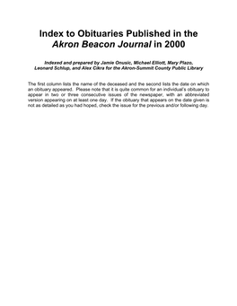 To Obituaries Published in the Akron Beacon Journal in 2000