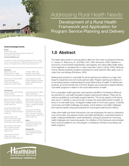 Addressing Rural Health Needs Development of a Rural Health Framework and Application for Program Service Planning and Delivery