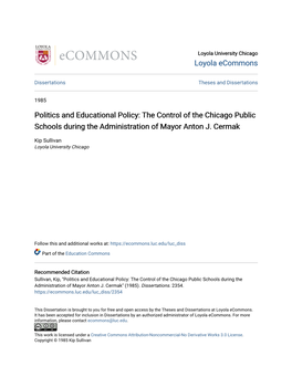 The Control of the Chicago Public Schools During the Administration of Mayor Anton J