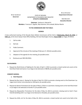 Brian Sandoval Governor STATE of NEVADA DEPARTMENT of BUSINESS and INDUSTRY ATHLETIC COMMISSION Bruce Breslow Department D