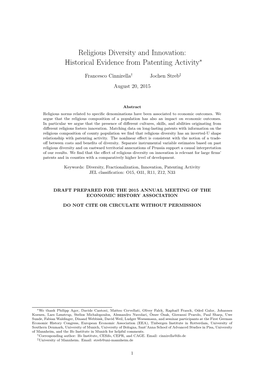 Religious Diversity and Innovation: Historical Evidence from Patenting Activity∗