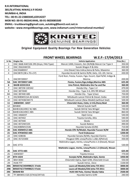 Front Wheel Bearings W.E.F:-‐17/04/2013