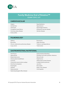 Family Medicine Topic List 2018