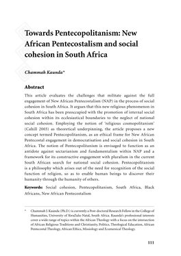 New African Pentecostalism and Social Cohesion in South Africa