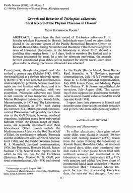 Growth and Behavior of Trichoplax Adhaerens: First Record of the Phylum Placozoa in Hawaii 1