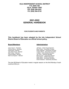 Student Handbook Contains Information Students and Parents Are Likely to Need to Ensure a Successful School Year