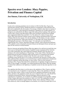 Mary Poppins, Privatism and Finance Capital Jon Simons, University of Nottingham, UK