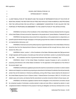 66Th Legislature HJ0025.01 HOUSE JOINT RESOLUTION NO. 25 1 INTRODUCED by T. WOODS 2 3 a JOINT RESOLUTION of the SENATE and the H