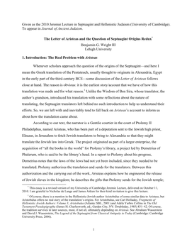 Wright-Aristeas and Septuagint Origins