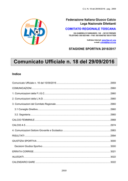 Comunicato Ufficiale N. 18 Del 29/09/2016