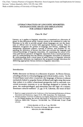 Literacy Practices of Linguistic Minorities: Sociolinguistic Issues and Implications for Literacy Services'