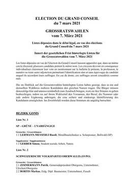 ELECTION DU GRAND CONSEIL Du 7 Mars 2021 GROSSRATSWAHLEN Vom 7