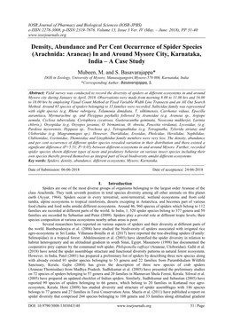 Density, Abundance and Per Cent Occurrence of Spider Species (Arachnida: Araneae) in and Around Mysore City, Karnataka, India – a Case Study