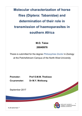 Molecular Characterization of Horse Flies (Diptera: Tabanidae) and Determination of Their Role in Transmission of Haemoparasites in Southern Africa