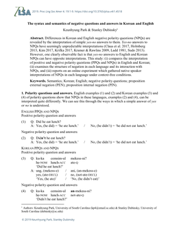 The Syntax and Semantics of Negative Questions and Answers in Korean and English Keunhyung Park & Stanley Dubinsky