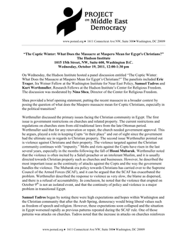 “The Coptic Winter: What Does the Massacre at Maspero Mean for Egypt's Christians?” the Hudson Institute 1015 15Th Street, NW, Suite 600, Washington D.C