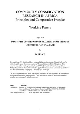 COMMUNITY CONSERVATION RESEARCH in AFRICA Principles and Comparative Practice