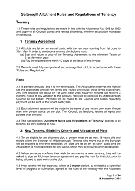 Saltersgill Allotment Rules and Regulations of Tenancy