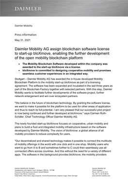 Daimler Mobility AG Assign Blockchain Software License to Start-Up Bloxmove, Enabling the Further Development of the Open Mobility Blockchain Platform