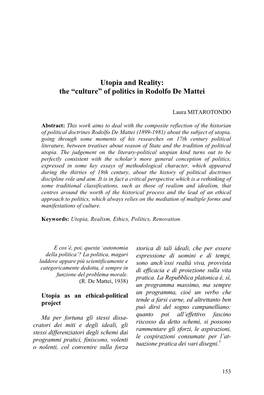 Utopia and Reality: the “Culture” of Politics in Rodolfo De Mattei