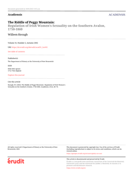 The Riddle of Peggy Mountain: Regulation of Irish Women’S Sexuality on the Southern Avalon, 1750-1860 Willeen Keough