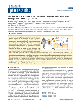 Metformin Is a Substrate and Inhibitor of the Human Thiamine Transporter, THTR‑2 (SLC19A3) † † † ‡ † § Xiaomin Liang, Huan-Chieh Chien, Sook Wah Yee, Marilyn M