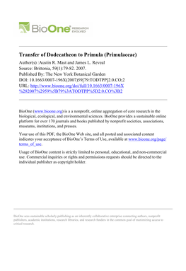 Transfer of Dodecatheon to Primula (Primulaceae) Author(S) :Austin R